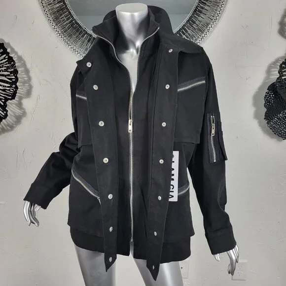 NWT~$295~I AM GIA~S/M~BLACK MILITARY UTILITY CARGO DENIM JEAN JACKET COAT - Picture 15 of 16